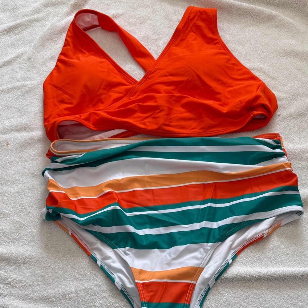 Orange and Multicolor Striped Bikini Set